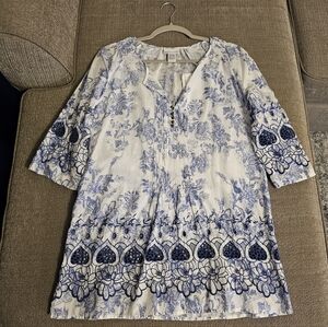 Soft Surroundings Boho Floral Eyelet Blue White Boho Spring Coastal Tunic Medium